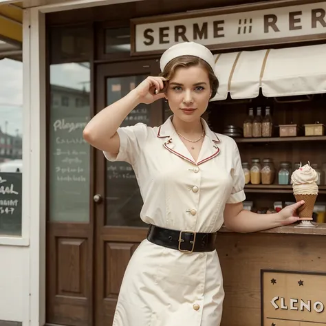 Please create an image of a woman dressing as a 1940er Jahre ice cream saleswoman, Retro atmosphere, (1940er Jahre), Aufstecken