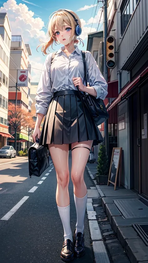 (Put on your headphones:1.0),道を歩いているAnime Girls, Beautiful anime school girl, Cute girl anime visuals, 長い髪のAnime Girls, Smooth anime CG art, 若いAnime Girls, 魅力的なAnime Girls, Anime Style 4k, Surreal , anime art wallpaper 8k, City Girl Fan Art, Anime Girls, D...