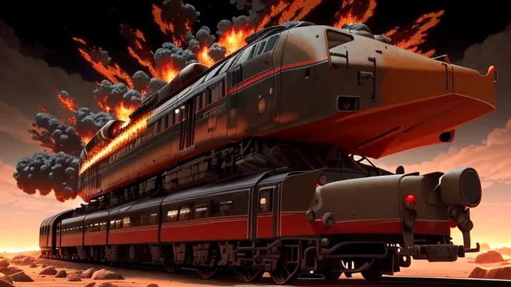 Arafed train, from which comes a huge cloud of smoke, intricate artwork. Octane render, decorated with fiery explosions, Futuristic Tank on Fire, Highly detailed 4K digital art, DMT images. Octane render, highly detailed surreal visuals, detailed digital 3...