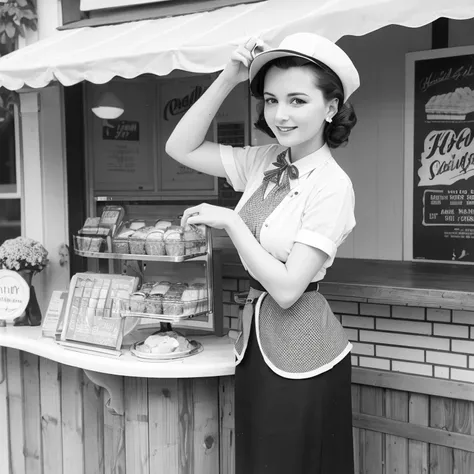 Please create an image of a woman dressing as a 1940er Jahre ice cream saleswoman, Retro atmosphere, (1940er Jahre), Aufstecken