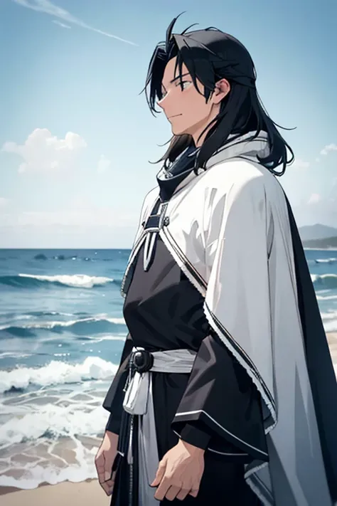 A man in his 30s. Knight in black and white poncho. black hair.，at the seaside