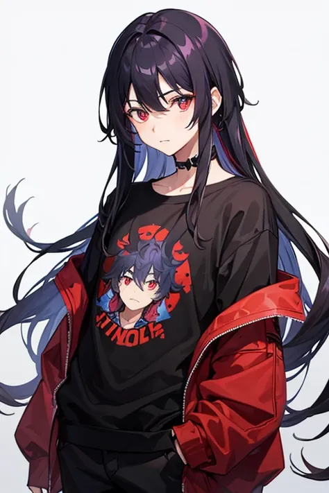 1boy, black lilac hair, long hair, red eyes, casual clothes