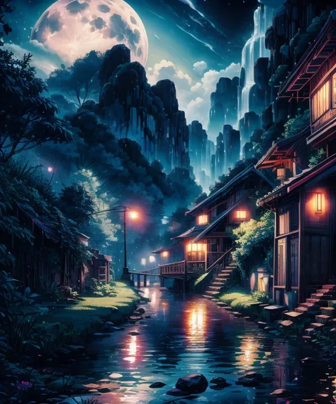 night scene with some house asian, vietnam, viet nam, ha giang, moon, lake in the foreground, calm night, green and blue, digital illustration, 4k highly detailed digital art, night scenery, anime art wallpaper 4k, anime art wallpaper 4 k, 4k detailed digi...