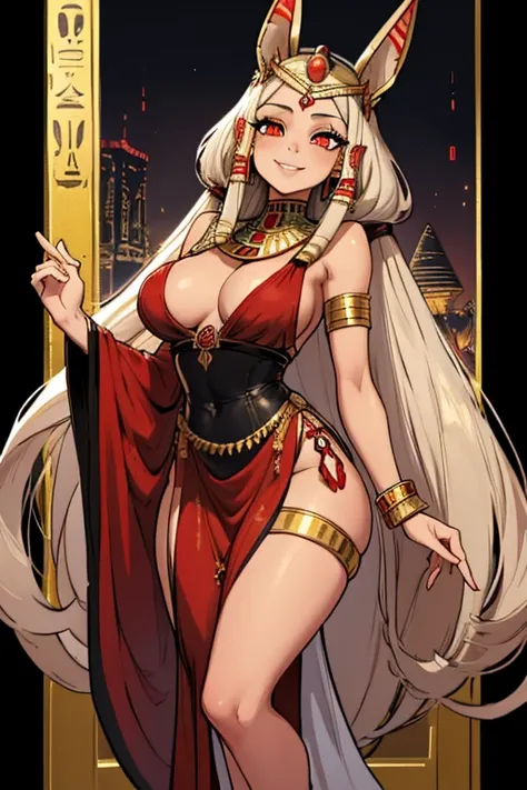 female, silver long hair with black highlights, red eyes, tan skin, (((1girl))), (((red Egyptian dress with black accents))), (gold jewelry), black Egyptian skirt), (black Egyptian headdress), cute and sexy, large breasts, large butt, full body, long legs,...