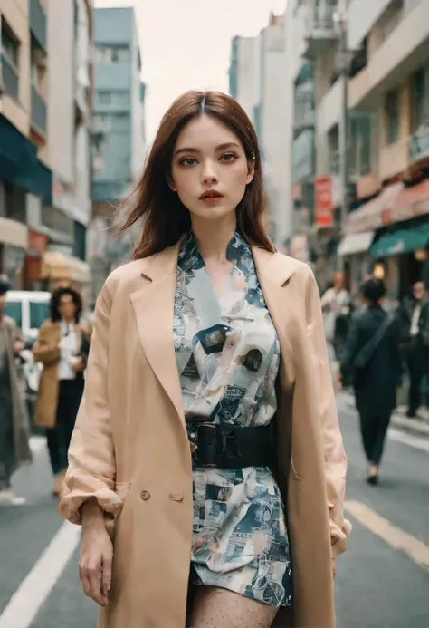 woman standing in street, in the style of diana f+, tokio aoyama, collage-like layering, close-up shots, photo, high quality photo