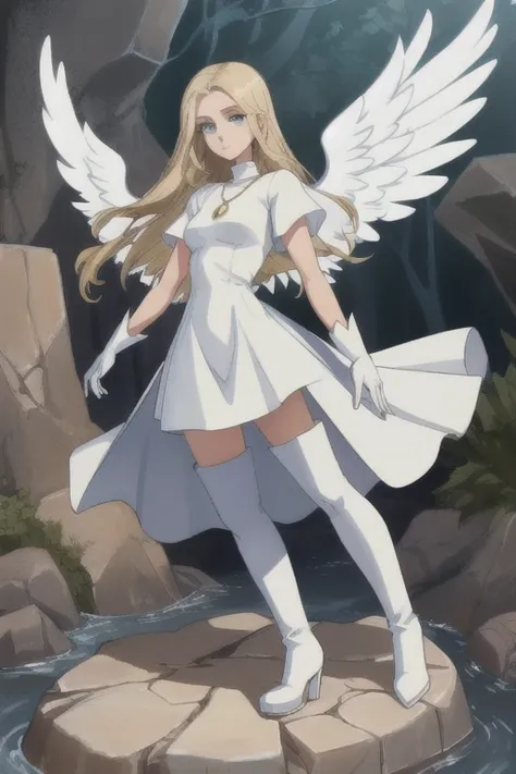 long blond hair girl with angel translucent wings, blue eyes, beautiful body in a white turtleneck dress, white long boots and white gloves and and a and a necklace with a small red stone in it