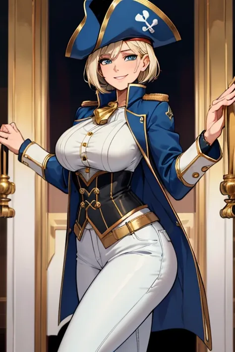 female, gold short hair with white highlights, blue eyes, (((1girl))), (((blue privateer coat with gold accents))), (white blouse), (black vest), (black privateer boots), (white pants), (red tricorn hat with gold trim), cute and sexy, large breasts, large ...