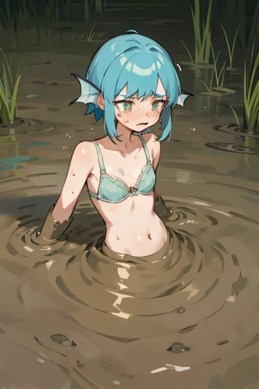 Childrens Mermaid、Flat chest、bra、belly button、sink waist-deep in quicksand、Unable to move、Dirty Scales、Lean your body forward、Sweat、Troubled face、A large depiction of the upper body from a close distance、Marshland、Ultra HD