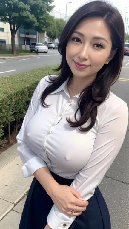 High resolution, high resolution, Attention to detail, masterpiece, Rough skin, Anatomically correct, sharp, 
In front of an office building、Facing forward、
((japanese milf, 50 years old)), alone, ((Facial wrinkles)), Shapely large breasts, Random hairstyl...