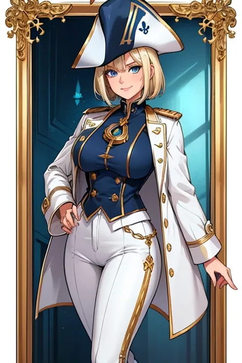 female, gold short hair with white highlights, blue eyes, (((1girl))), (((blue privateer coat with gold accents))), (white blouse), (black vest), (black privateer boots), (white pants), (black tricorn hat with gold trim), cute and sexy, large breasts, larg...