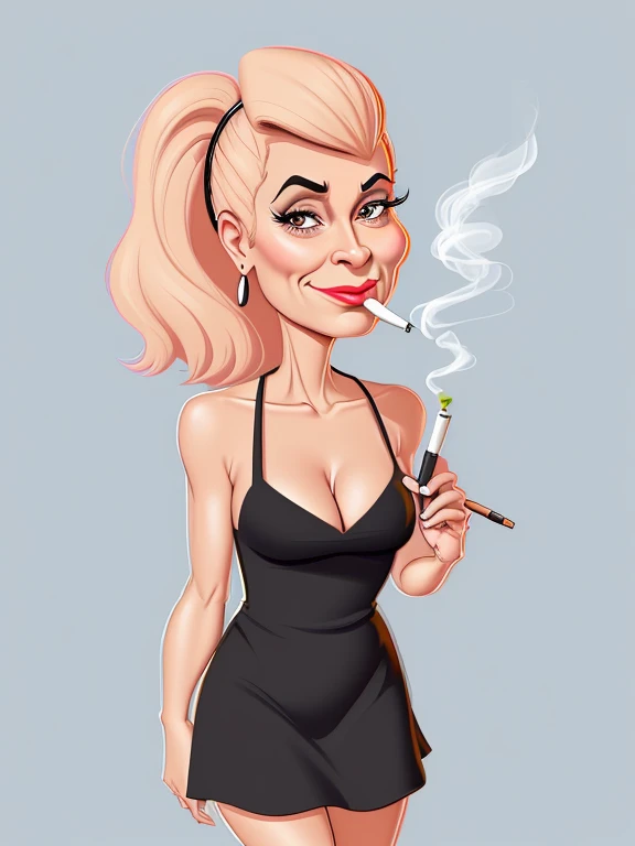 ((digital drawing)),((4k)),((JIM EIDOMODE)),((Best quality)), drawing of a woman with a black dress and a cigarette in her mouth, caricature style, in cartoon style, caricature, cel shaded:15, cartoon art style, caricature illustration, cartoon portrait, c...