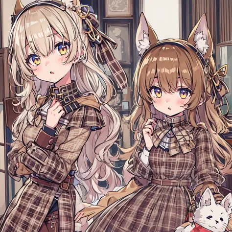 vtuber-fullbody、highest quality、Masterpiece、Official Art、8K、Beige and dark brown houndstooth long sleeve A-line dress、Knee-high boots、