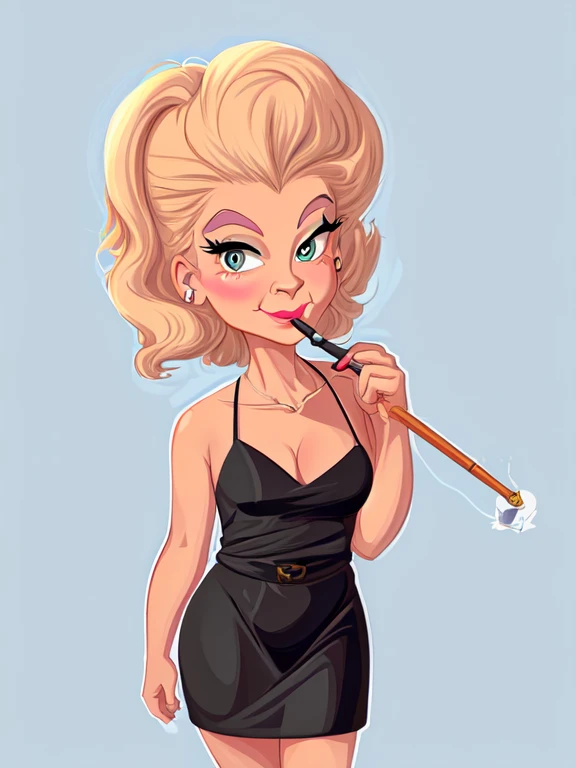 ((digital drawing)),((4k)),((JIM EIDOMODE)),((Best quality)), drawing of a woman with a black dress and a cigarette in her mouth, caricature style, in cartoon style, caricature, cel shaded:15, cartoon art style, caricature illustration, cartoon portrait, c...