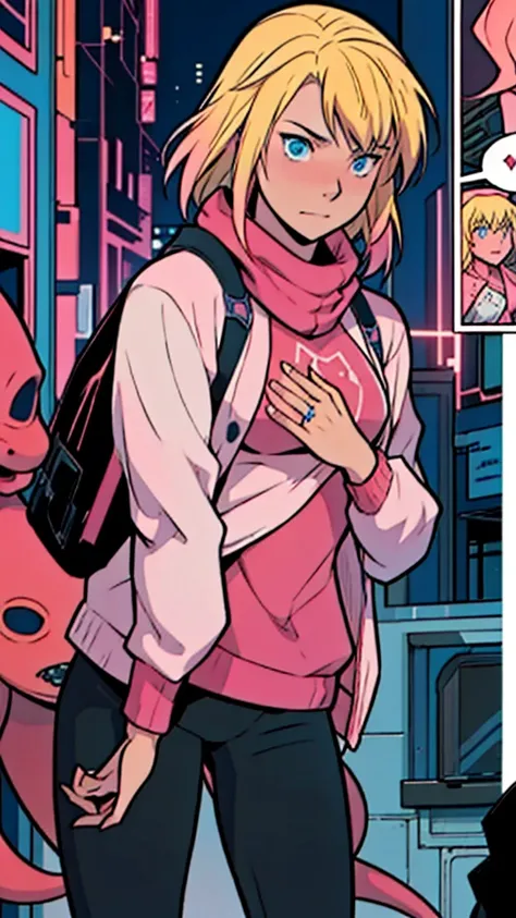 solo, 1girl, (masterpiece), ((16 year old appearance)), Blonde hair, Medium hair, blue eyes, anime girl,  Pink sweater with red octopus emblem, black pants, small breasts, cyberpunk city, nigth