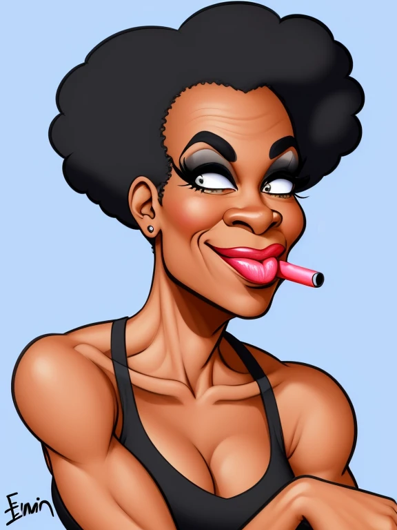 ((digital drawing)),((4k)),((JIM EIDOMODE)),((Best quality)), ((Fitness Model)), drawing of a woman with a black dress and a cigarette in her mouth, caricature style , cartoon style, caricature, cel shaded:15, cartoon art style, caricature illustration, ca...