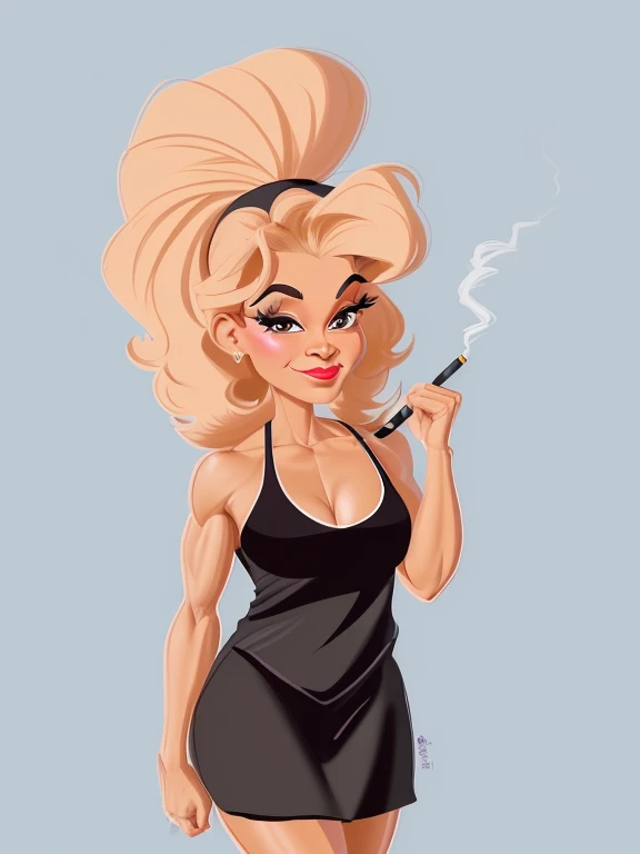 ((digital drawing)),((4k)),((JIM EIDOMODE)),((Best quality)), ((Fitness Model)), drawing of a woman with a black dress and a cigarette in her mouth, caricature style , cartoon style, caricature, cel shaded:15, cartoon art style, caricature illustration, ca...