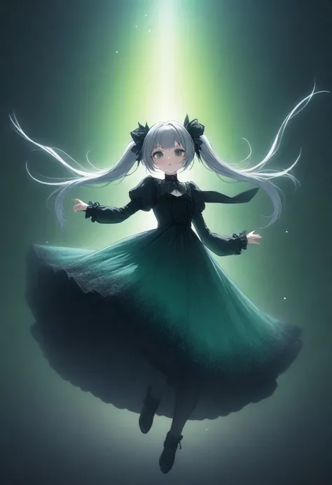 (One girl),Gothic,Twin tails,Gray Hair, organza lace,Gorgeous and elaborate clothes,Gothic, flight, green, (colorful), Bold, Gradient Blend, Motion Blur, Sparkling Texture, Dynamic configuration, Atmospheric perspective, Impressionist, , (masterpiece), (hi...