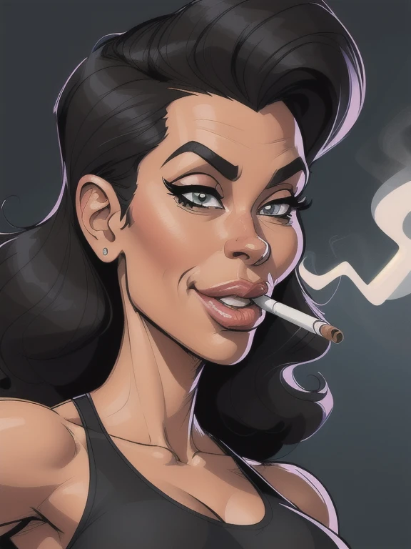 ((digital drawing)),((4k)),((JIM EIDOMODE)),((Best quality)), ((Fitness Model)), drawing of a woman with a black dress and a cigarette in her mouth, caricature style , cartoon style, caricature, cel shaded:15, cartoon art style, caricature illustration, ca...