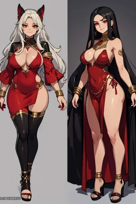 female, silver long hair with black highlights, red eyes, tan skin, (((1girl))), (((red dress with black accents))), (gold jewelry), black Egyptian skirt), (black heeled sandals), cute and sexy, large breasts, large butt, full body, long legs, smiling