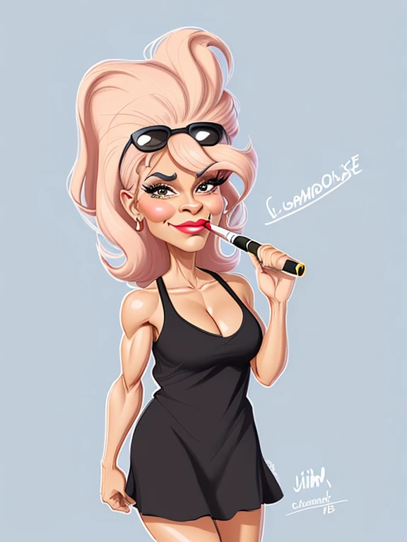 ((digital drawing)),((4k)),((JIM EIDOMODE)),((Best quality)), ((Fitness Model)), drawing of a woman with a black dress and a cigarette in her mouth, caricature style , cartoon style, caricature, cel shaded:15, cartoon art style, caricature illustration, ca...