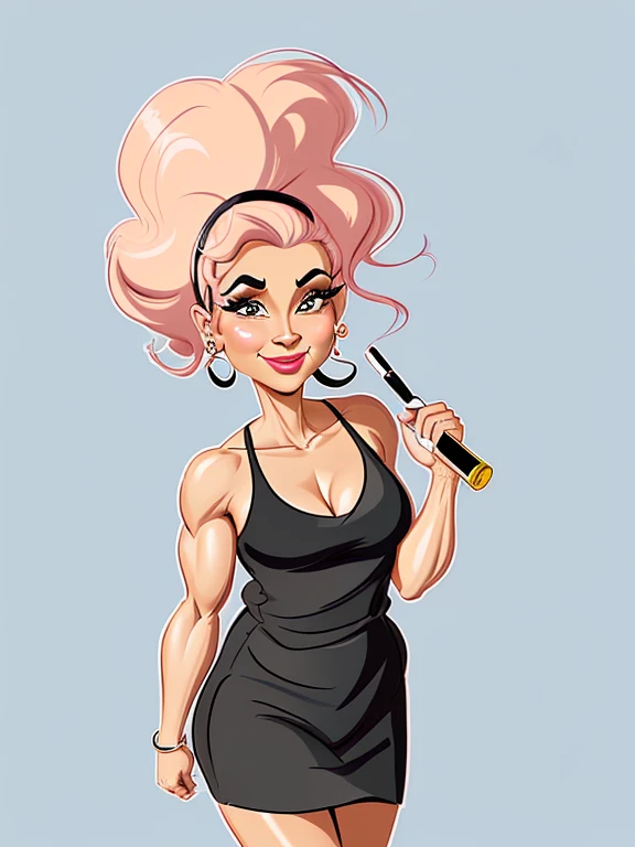 ((digital drawing)),((4k)),((JIM EIDOMODE)),((Best quality)), ((Fitness Model)), drawing of a woman with a black dress and a cigarette in her mouth, caricature style , cartoon style, caricature, cel shaded:15, cartoon art style, caricature illustration, ca...