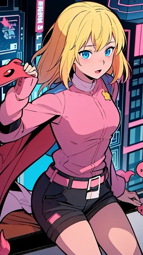 solo, 1girl, (masterpiece), ((16 year old appearance)), Blonde hair, Medium hair, blue eyes, anime girl,  Pink sweater with red octopus emblem, black pants, small breasts, cyberpunk city, nigth