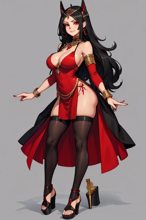 female, silver long hair with black highlights, red eyes, tan skin, (((1girl))), (((red dress with black accents))), (gold jewelry), black Egyptian skirt), (black heeled sandals), cute and sexy, large breasts, large butt, full body, long legs, smiling