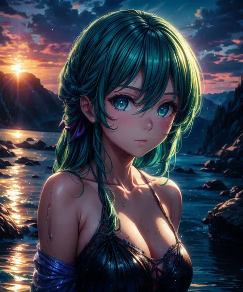 Best Quality, Masterpiece, Ultra High Resolution, (Realism: 1.4), Original Photo, 1Girl, Green Eyes, Off-the-Shoulders, Cinematic Lighting, Blue Hair, At Sunset