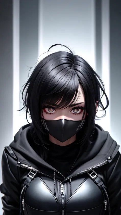 perfect face, short wavy black hair color, sharp eyes, dark black eyeballs, cyberpunk masker, black hoodie color, profile pictur...