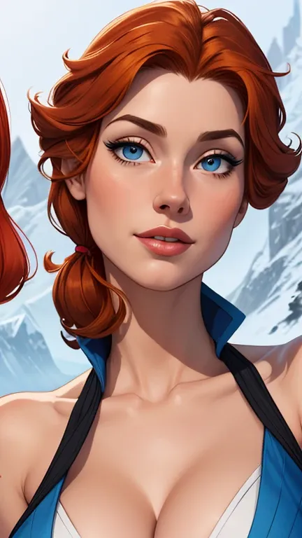 Beautiful portrait mode pose Cartoon character character in dynamic pose two women together redhead Queen Anna of Arendelle redhead with 1,60cm on the left and along with a symmetrical body with corset and beautiful breasts, corpo bem definido, delicado e ...