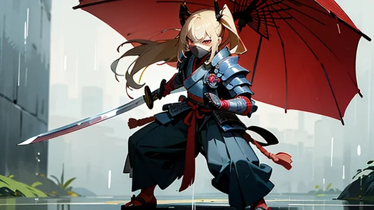 ((best quality)), ((masterpiece)), (detailed), perfect face
1 girl full body look 
long blonde hair pigtail haircut 
Red gloving eyes and angry expression in face 
samurai armor with Oni mask
wielding one long blue katana
Standing in the rain 
