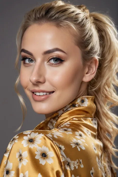 hyperrealistic beautiful 30-year-old women in shiny golden flowered jumpsuit, model shooting mugshot photography, dyed blonde messy bun, dark eye makeup with eyeliner, seductive smile, massive  , 8K, best quality, Meisterwerk, ultra high resolution, (Reali...