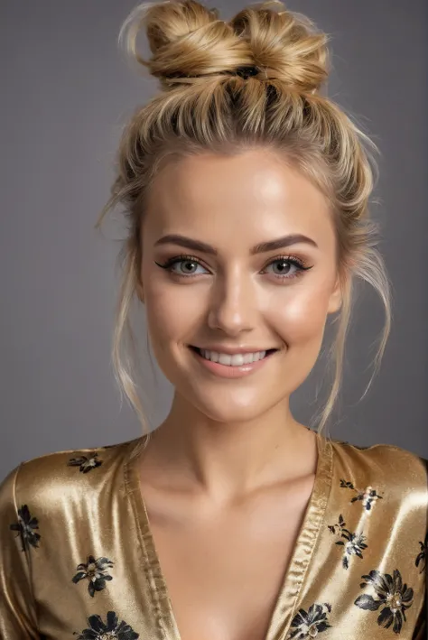 hyperrealistic beautiful 30-year-old women in shiny golden flowered jumpsuit, model shooting mugshot photography, dyed blonde messy bun, dark eye makeup with eyeliner, seductive smile, massive  , 8K, best quality, Meisterwerk, ultra high resolution, (Reali...