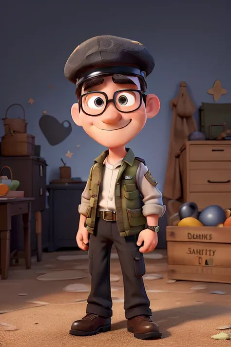 In the magical world of Disney Pixar, Imagine a brave and confident adult male character. He wears black military pants, Ballistic vest for protection, A long-sleeved red shirt adds a touch of color to his outfit, He completes his look with a black hat tha...