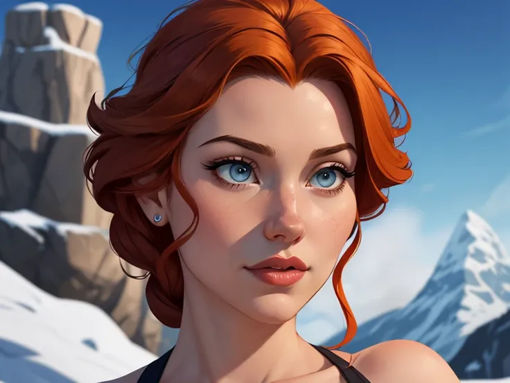 Beautiful portrait mode pose Cartoon character character in dynamic pose two women together redhead Queen Anna of Arendelle redhead with 1,60cm on the left and along with a symmetrical body and beautiful breasts, corpo bem definido, delicado e sensual, est...