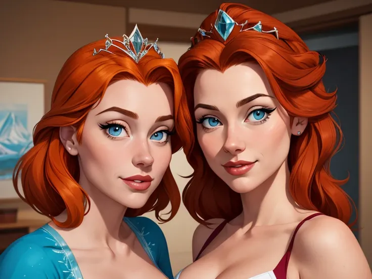 Beautiful portrait mode pose Cartoon character character in dynamic pose two women together redhead Queen Anna of Arendelle redhead with 1,60cm on the left and along with a symmetrical body and beautiful breasts, corpo bem definido, delicado e sensual, est...