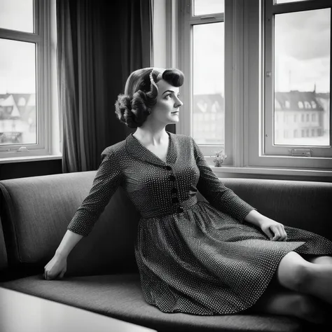 Frau mit schwarzen Haaren, kristallklare Augen, wears a dress from the 50s and smokes, sitting on a sofa looking out the window overlooking the street, Stil der 1950er Jahre, realistic black and white photo with old film photography effect  