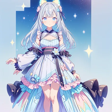 vtuber-fullbody、character design sheet、Transparent pastel colored little fairy wings、Gray hair and blue inner color、A beautiful girl wearing a remade black and white yukata、A frilled courtesan dress with a pattern that evokes the Milky Way and the universe...