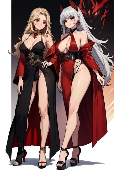 female, silver long hair, red eyes, tan skin, (((1girl))), (((red long robe with black accents))), (gold jewelry), (black heels), (black skirt), (black panties), cute and sexy, large breasts, large butt, full body, long legs, smiling, cleavage, shoulders e...