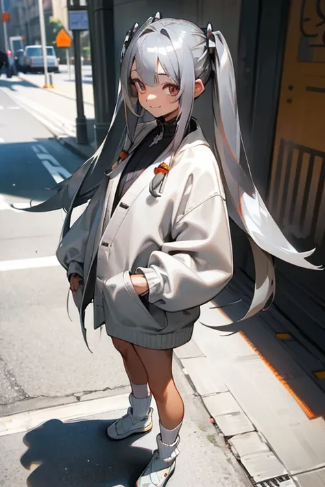 blonde twintail hair, (Dark silver Tips colored inner hair:1.5), tan skin, Long Sleeve, , (loose socks:1.2), masterpiece, white cardigan, street snap, smile, hyper realistic, stunning art,