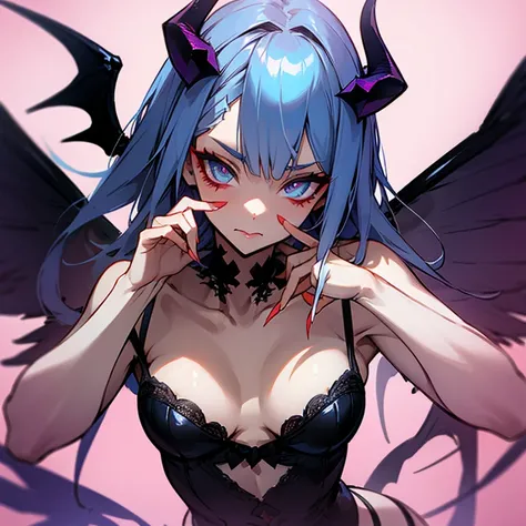 a succubus, with horns, with wings, with a sly look, holds hands on collarbones, tattoo, an idea, Anime, beautiful eyes, attractive lingerie, beautiful fingers