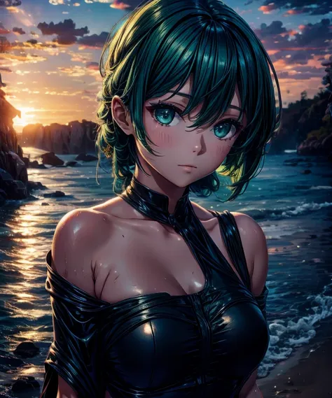 Best Quality, Masterpiece, Ultra High Resolution, (Realism: 1.4), Original Photo, 1Girl, Green Eyes, Off-the-Shoulders, Cinematic Lighting, Blue Hair, At Sunset