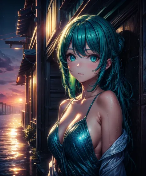 Best Quality, Masterpiece, Ultra High Resolution, (Realism: 1.4), Original Photo, 1Girl, Green Eyes, Off-the-Shoulders, Cinematic Lighting, Blue Hair, At Sunset