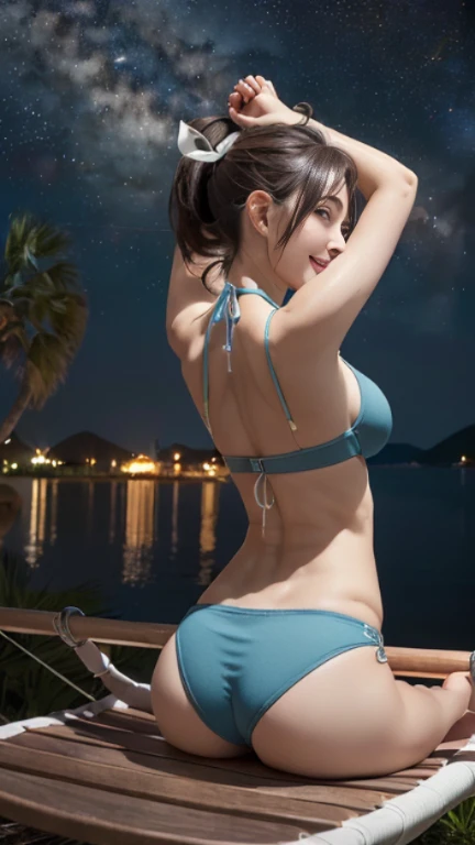 Tabletop, (highest quality), 23 years old,Very detailed, finely, (High resolution), (8k), ((Perfect rear view composition)), (Natural color lip),(ponytail:1.3),((女の子がsitting in a large hammock tied to a palm tree)),(((light red bikini)),((Fitness Shorts, L...