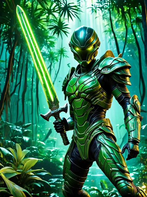 on a vibrant alien jungle planet，dynamic cinematic shot of an alien amazon warrior wearing alien camouflage armor, wielding a gr...