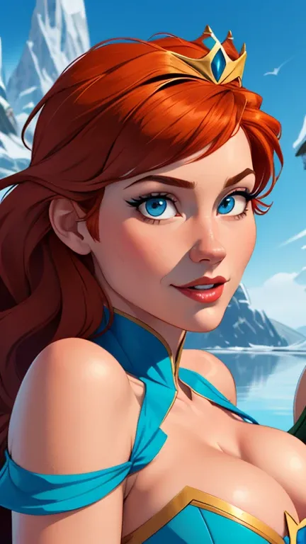 Beautiful portrait mode pose Cartoon character character in dynamic pose two women together redhead Disney princess Queen Anna of Arendelle redhead with 1,60cm on the left and along with a symmetrical body and beautiful breasts, corpo bem definido, delicad...