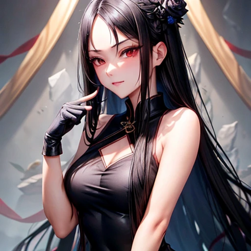 Straight long black hair with forehead exposed　Black sleeveless cheongsam　Muscular woman　Red Eyes　Upper Body　Long eyelashes　Glare　Clench your fist　Gloves　Black rose hair ornament