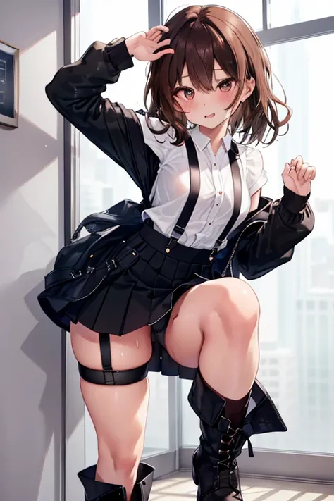 Brown hair,watching at viewers,black suspenders,Bulging big,breasts,walls: Black miniskirt,garters,Gaze,Small face,bangss,holster,Beautuful Women,hands up,leg holster,Gaze,black boots panty shot, provocation,flank,flank sweat soio,arm, pose muy sexy,