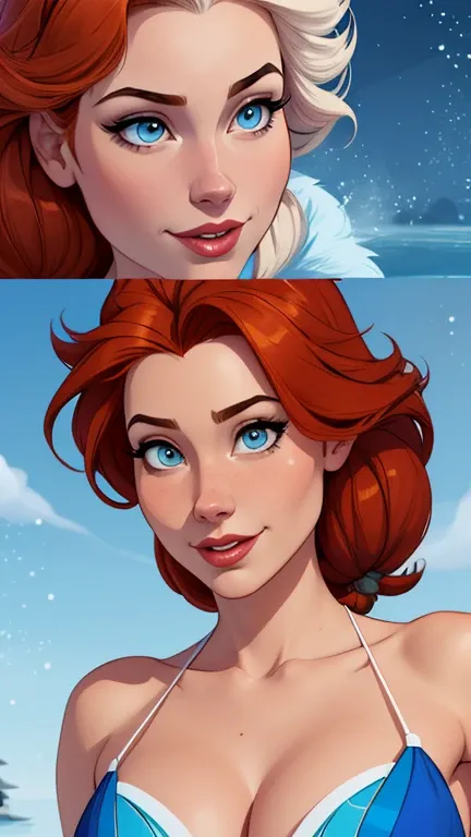 Beautiful portrait mode pose Cartoon character character in dynamic pose two women together redhead Disney princess Queen Anna of Arendelle redhead with 1,60cm on the left and along with a symmetrical body and beautiful breasts, corpo bem definido, delicad...