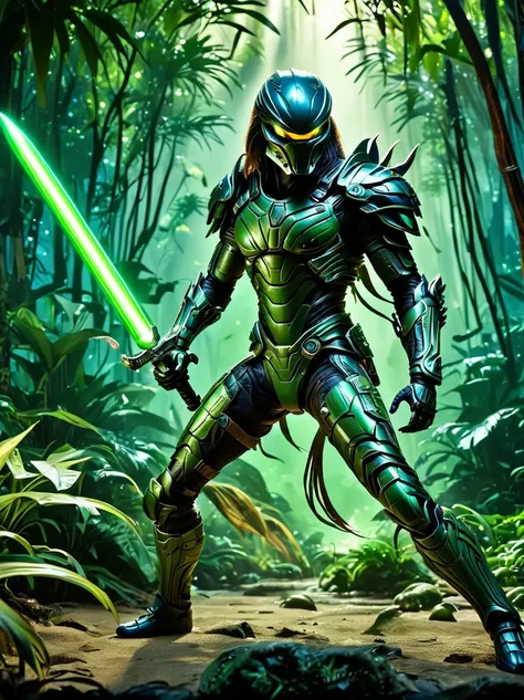 on a vibrant alien jungle planet，dynamic cinematic shot of a predator wearing alien camouflage armor, wielding a green glowing a...